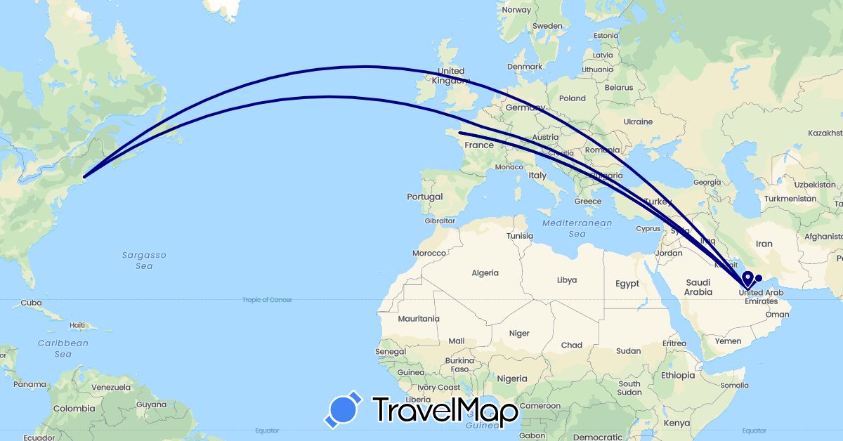 TravelMap itinerary: driving in France, Iran, Qatar, United States (Asia, Europe, North America)
